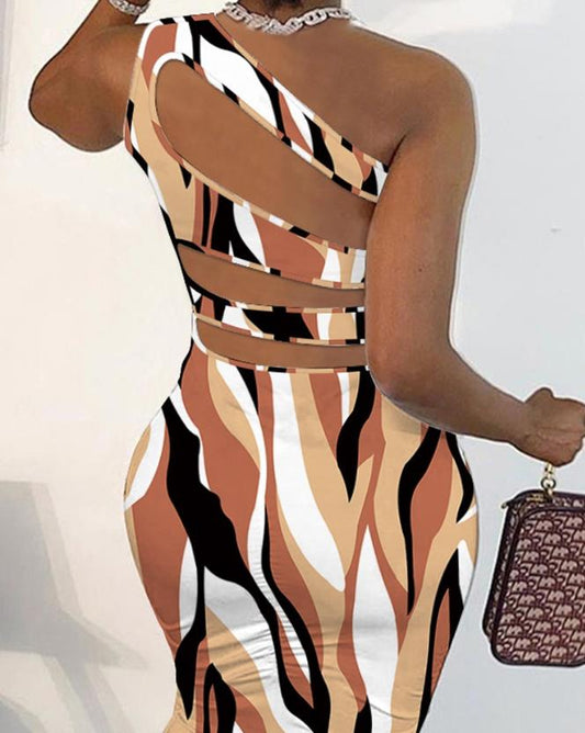 Abstract Print Cut-Out One Shoulder Bodycon Dress