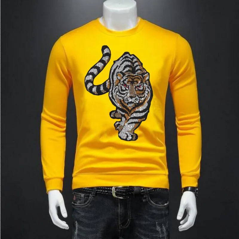 Men's Glitter Rhinestone Tiger/Crown O-Neck Long Sleeve Pullover Sweatshirt