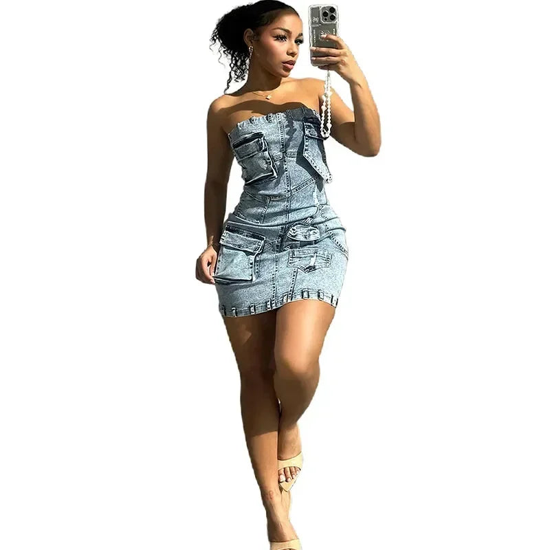Denim Light Blue Washed Faded  Sleeveless Tube Top Design Cargo Pocketed Streetwear Mini Jean Dress