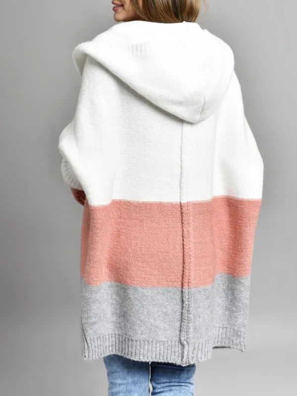 Colorblock Striped Open Stitch Women's Hooded Maxi Sweater