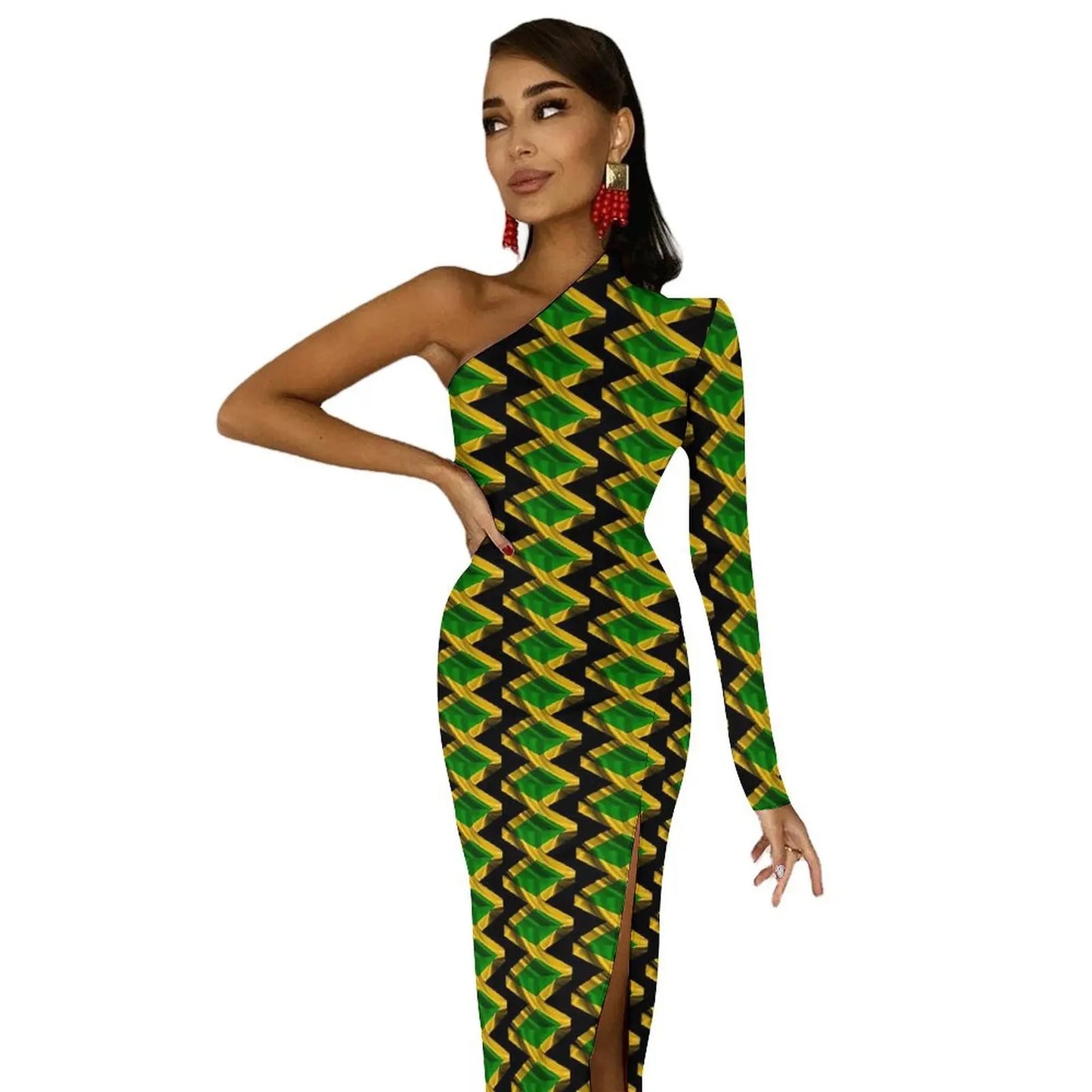 Jamaica Flag Colors Striped/Geometric/Camoflauge High Side Slit One Sleeve Streetwear Bodycon Maxi Dress
