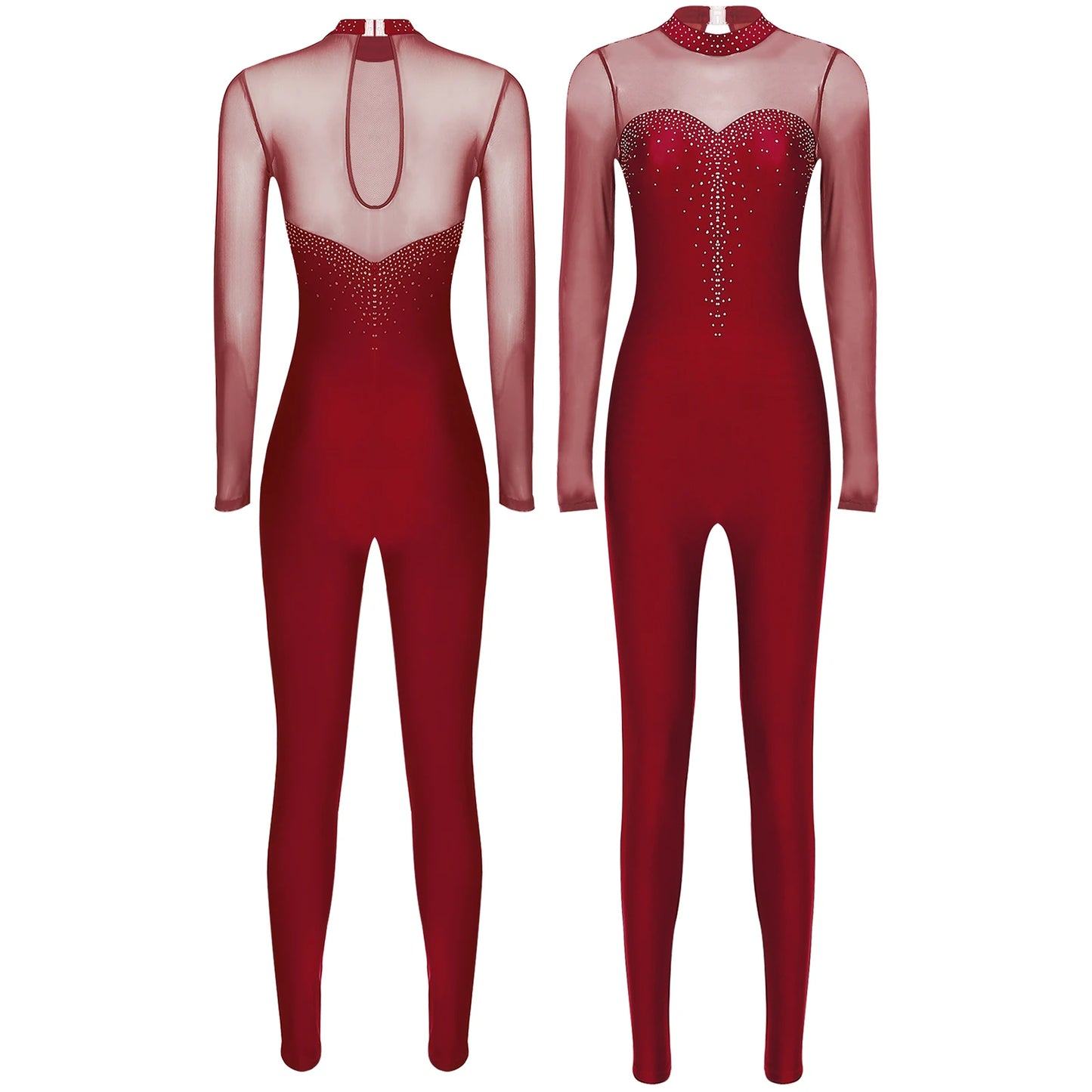 Rhinestone Women's Long Sleeve Gymnastics Leotard Performance Jumpsuit