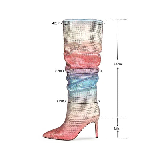 Gradient Rainbow Rhinestone Pleated Knee High Ruched Sleeve Boots