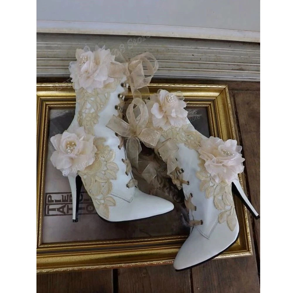 White Mesh Rose Flower Design Pointed Toe Women's Stiletto Heel Ankle Boots