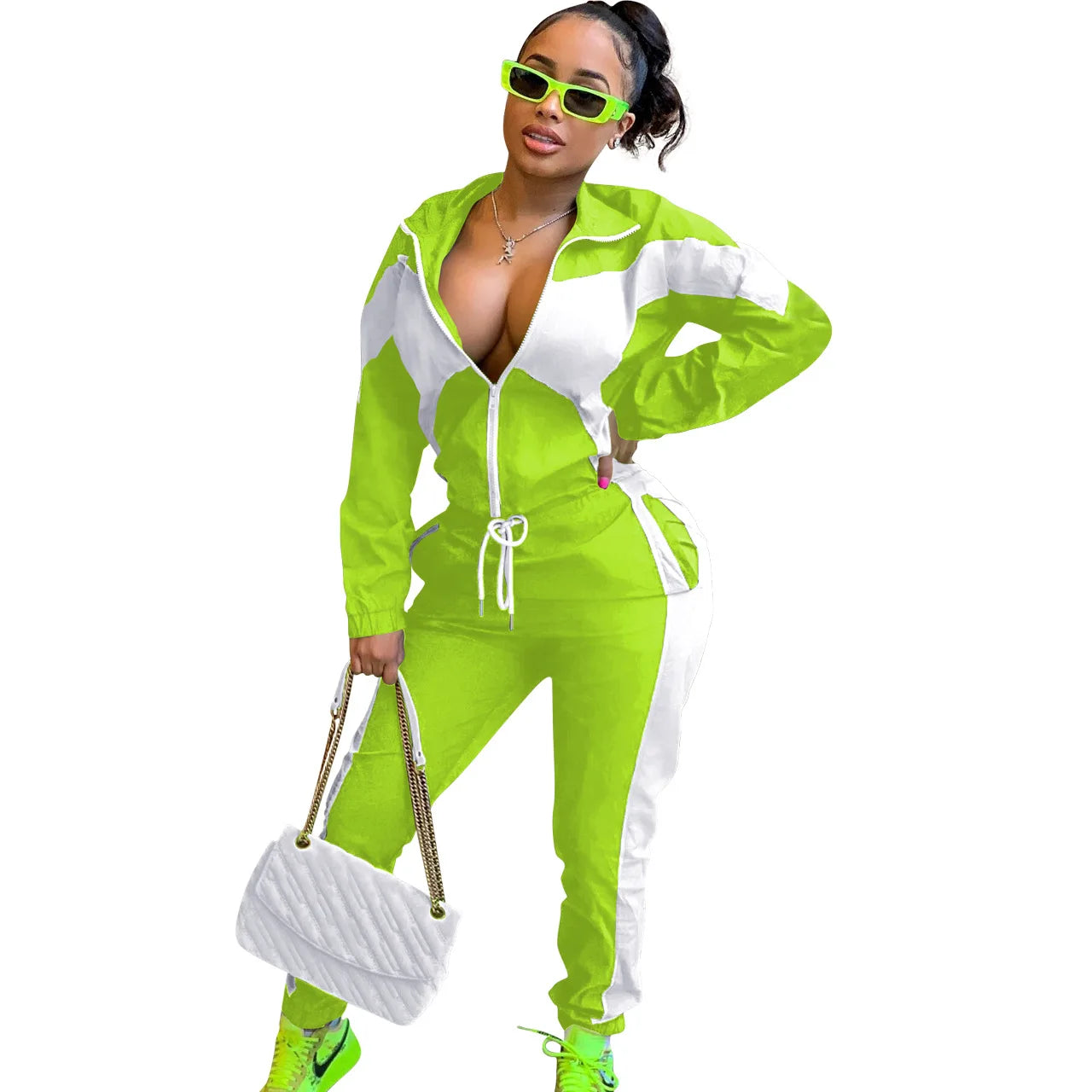 Women's Turn-Down Colorblock Zipper Jacket + Elastic Waist Sweatpants Tracksuit