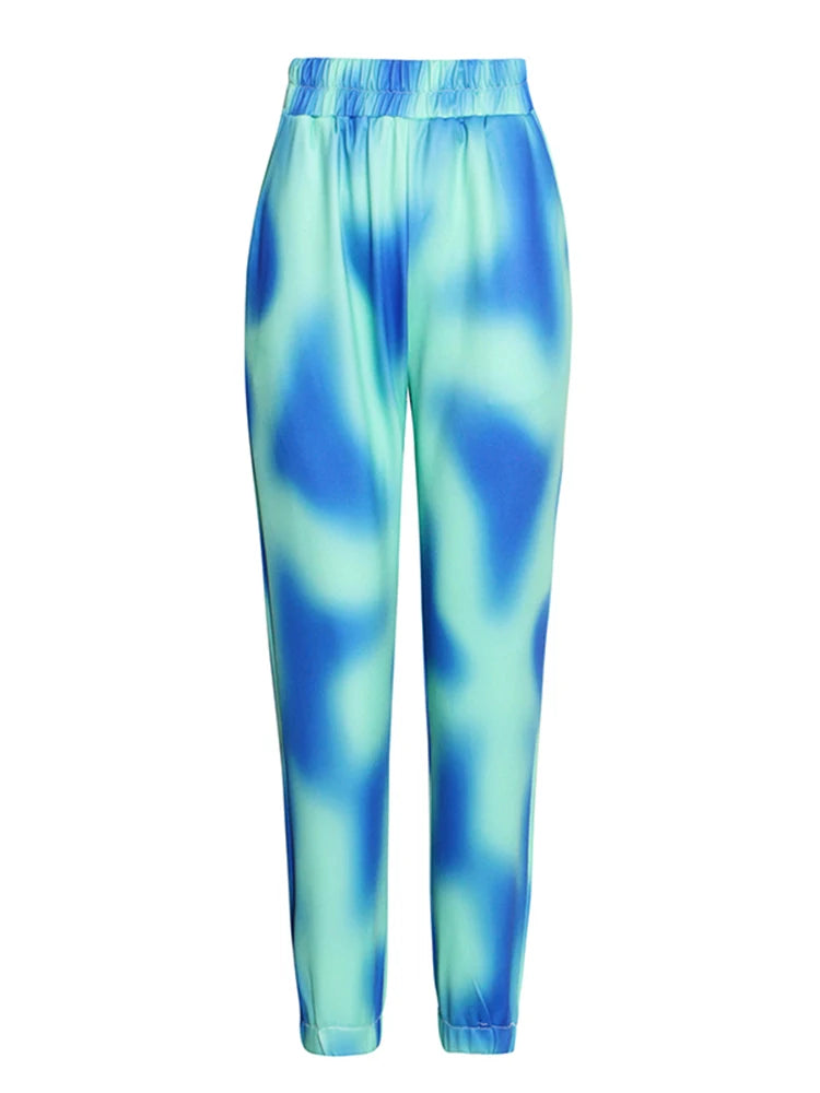 Tie-Dye Notched Collar Double Breasted Long Sleeve Blazer + Harem Pants Women's Suit