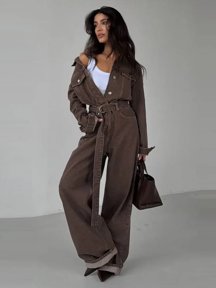 Denim Women's Button Front Turn-Down Collar Lace-Up Long Sleeve Wide Leg Streetwear Jumpsuit