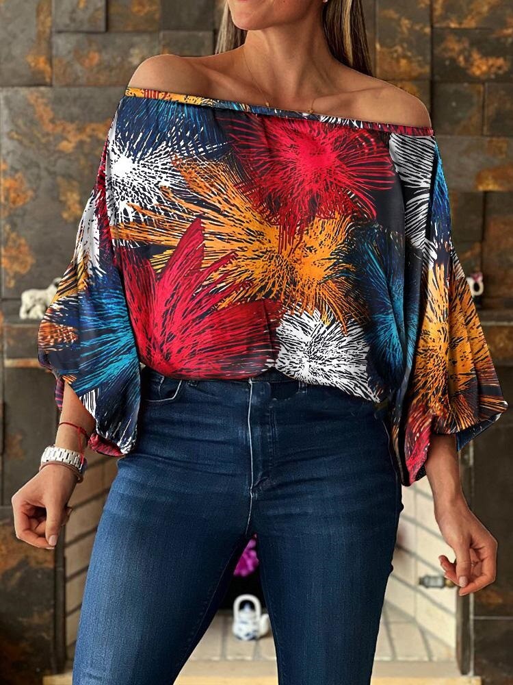 Lantern Sleeve Off Shoulder Printed Blouse to 3X