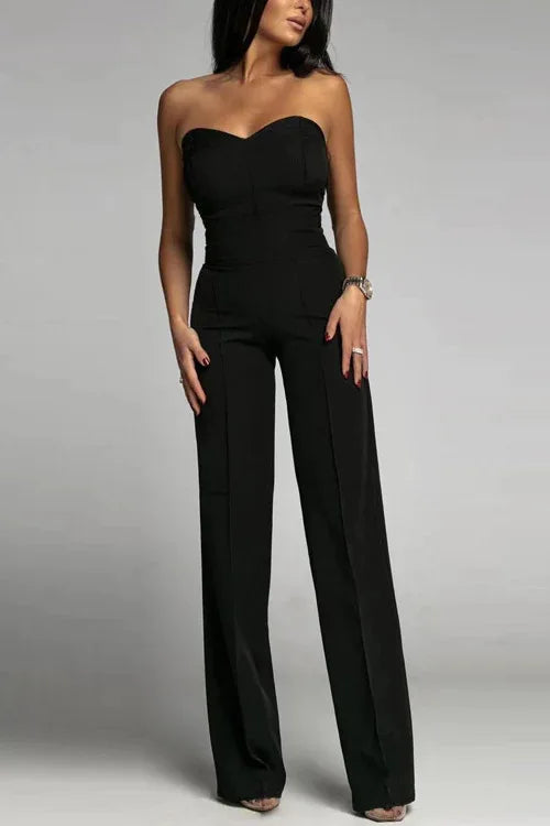 Sleeveless Strapless Solid Color Straight Women's Formal Party Tube Jumpsuit