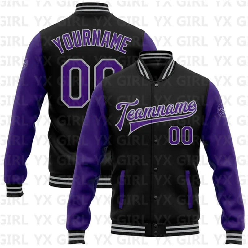 Customized Unisex  2-Tone Colorblock Personalized Black/Purple/Teal/Full-Snap Letterman Baseball Button Varsity Bomber Jacket