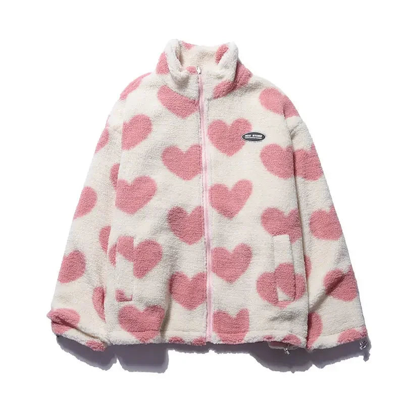 Heart Print Lambs Wool Women's Padded  Stand Collar Reversible Jacket