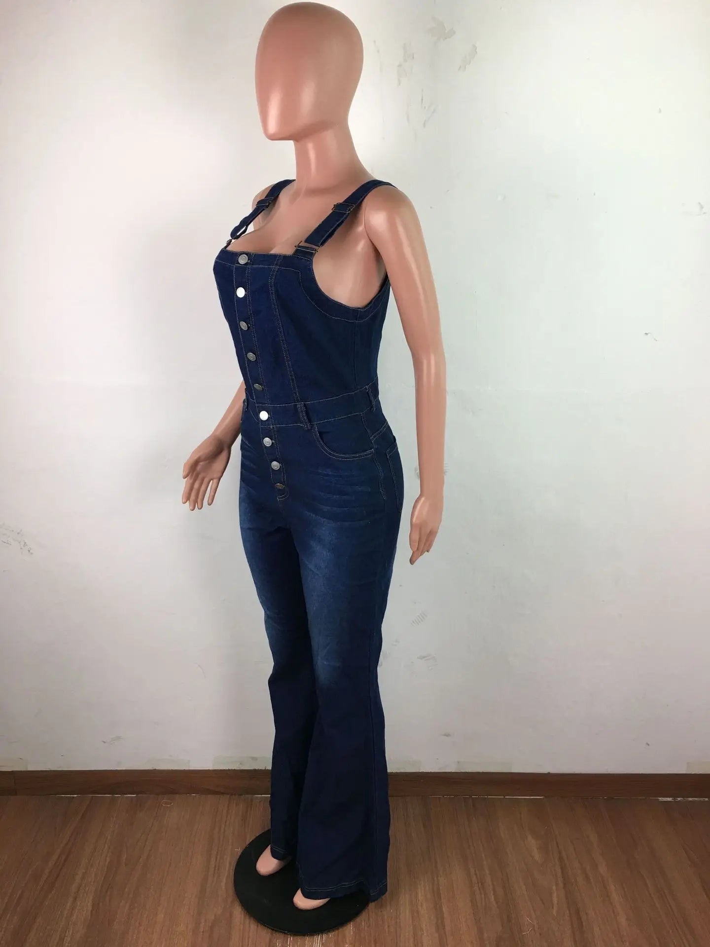 Denim Dark Blue Sleeveless Women's Spaghetti Strap Bodycon Bootcut Jean Jumpsuit