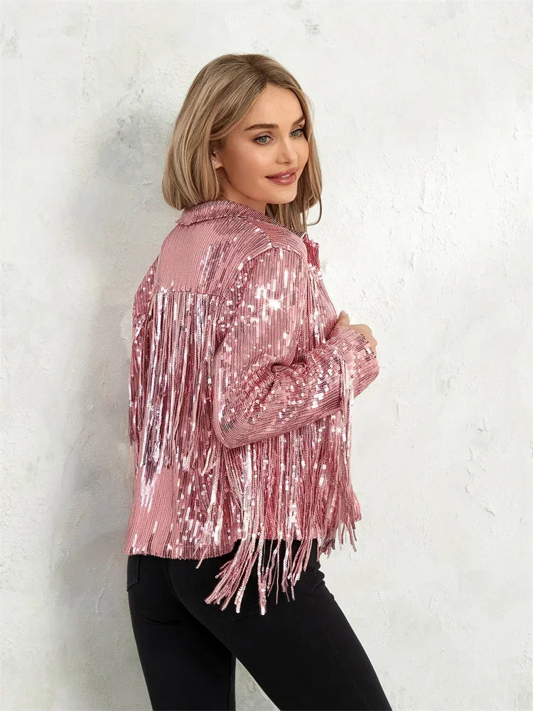 Sparkling Metallic Sequin Tassel Fringe Western Women's Long Sleeve Open Cowgirl Jacket