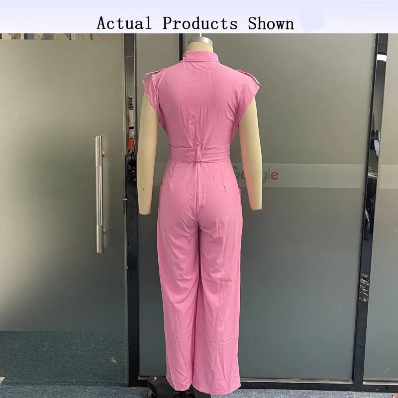 Pink Button Up Short Sleeve Nipped Waist Wide Leg Cargo Jumpsuit w/ Belt