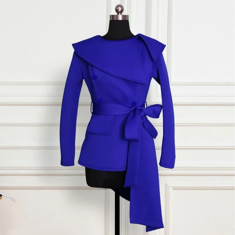 Butterfly Sleeve Irregular Solid O-Neck Ladies Asymmetrical Sash Belt Maxi Blazer