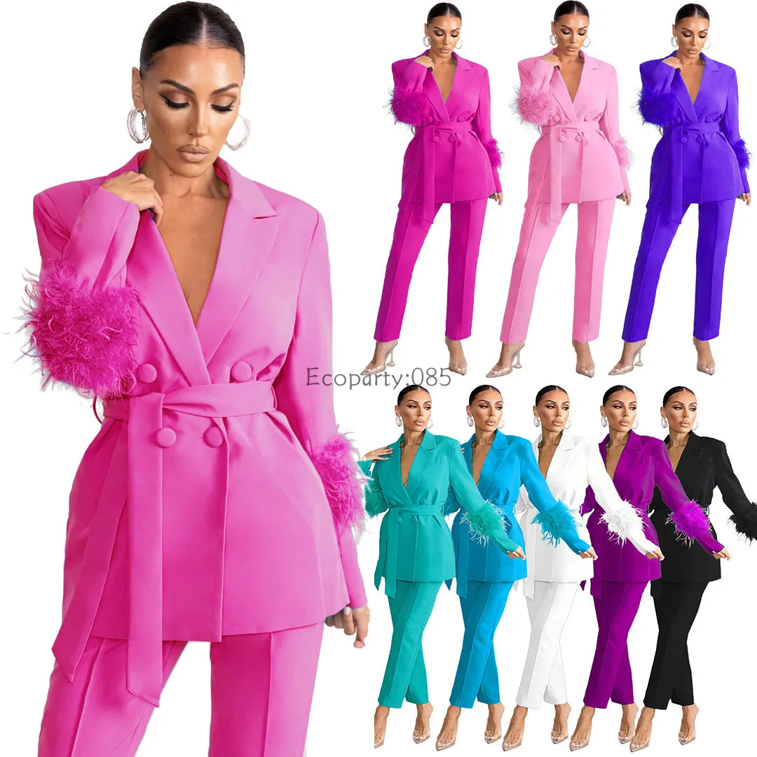 Feather Sleeve Solid Notched Neck Blazer + Zipper Pants Ladies Suit