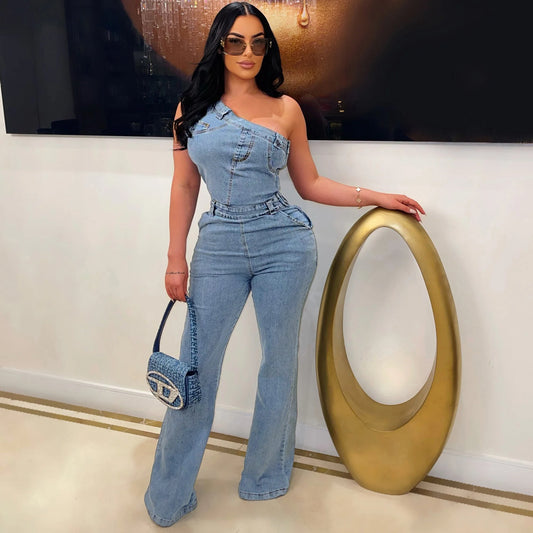 Denim Baby Blue Irregular Asymmetrical One Shoulder High Street Stretch Women's Jean Jumpsuit