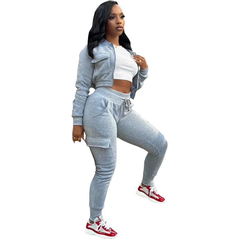 Streetwear Women's Solid Cropped Zipper Jacket + Drawstring Cargo Sweatpants Tracksuit