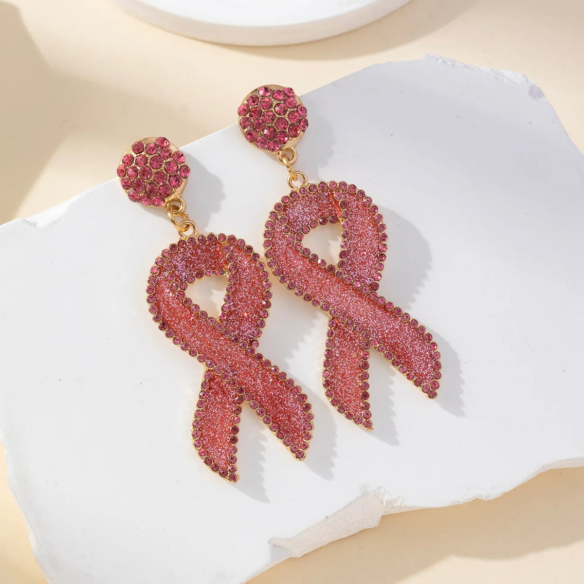 Crystal Rhinestone Pink/Red Breast Cancer Awareness Ribbon Earrings