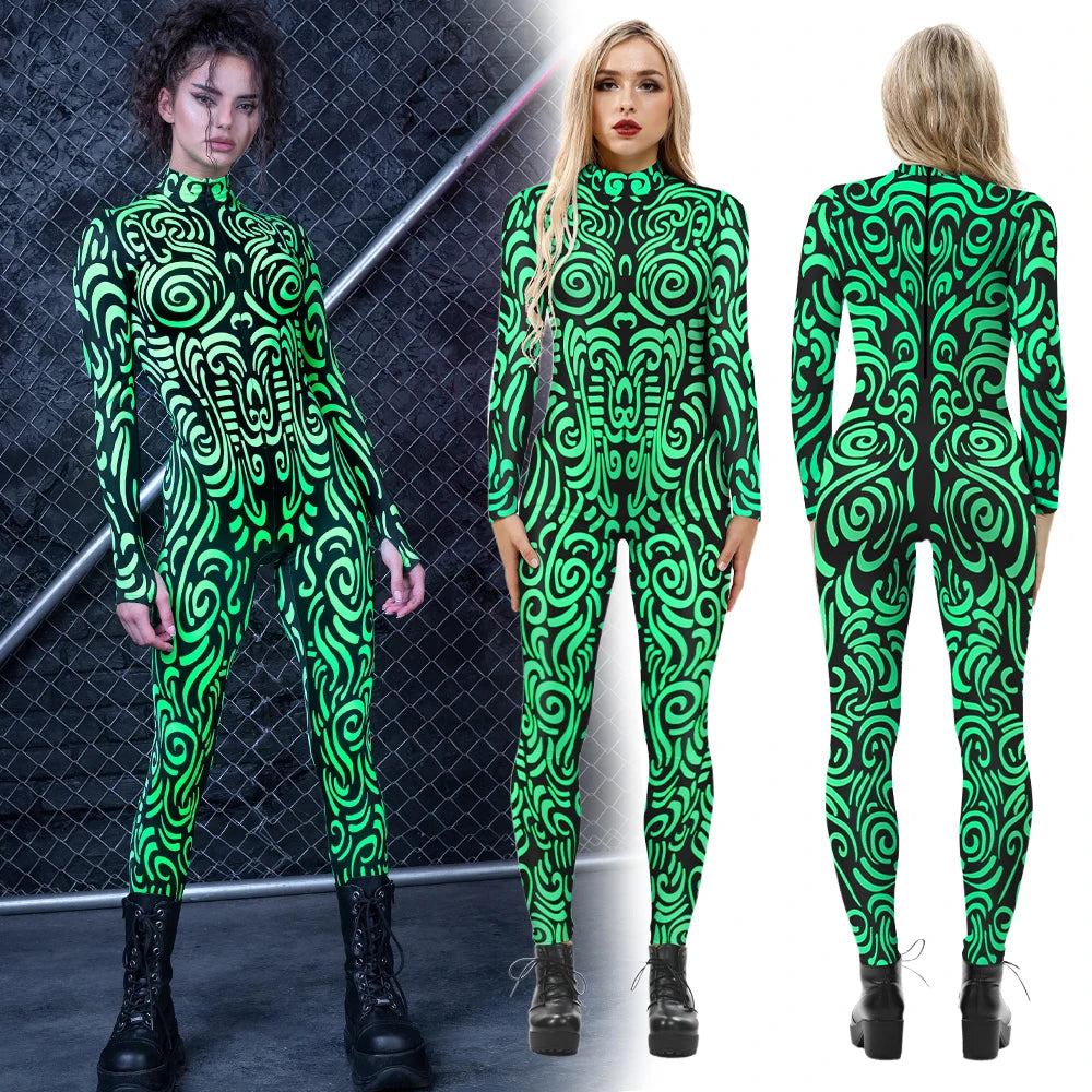 Geometric Striped Print Skin Tight Long Sleeve Cosplay Women's Jumpsuits