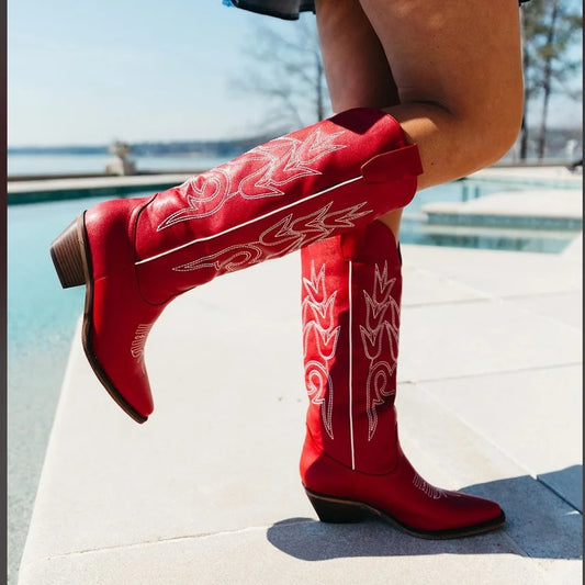 Red/Baby Blue Western Embroidered Pointed Thick Heel Women's Cowgirl Rodeo Knee-High Boots