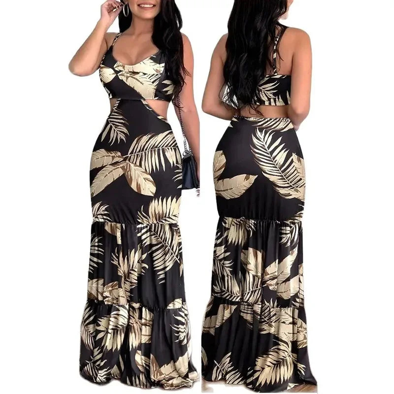 Hawaiian Hollow-Out Floral Backless Bohemian Ruffle Hem Sleeveless Maxi Dress