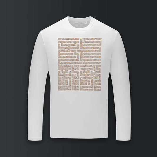 Gold Metallic Men's Rhinestone Streetwear O-Neck Long Sleeve Skinny Fit Modal Cotton T-Shirt