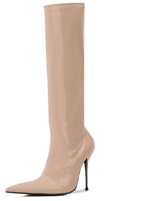Patent Leather Solid Color Knee-High Pointed Toe Women's Ultra Thin Stiletto Metal Heel Wide Calf Boots