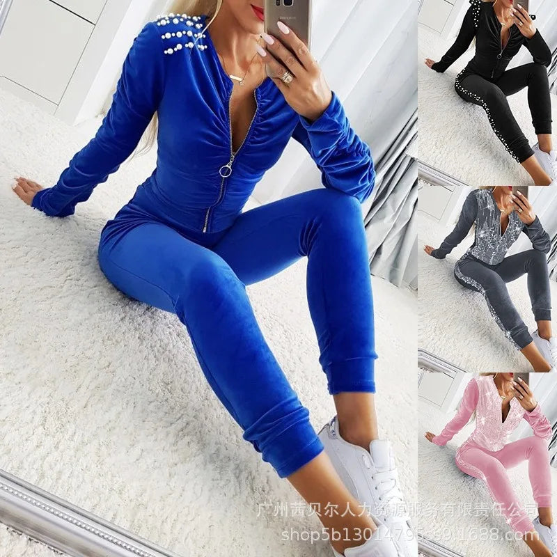 Velvet Pearl Zipper Sequined Long Sleeve Jacket w/ Matching Elastic Waist Sweatpants Ladies Tracksuit