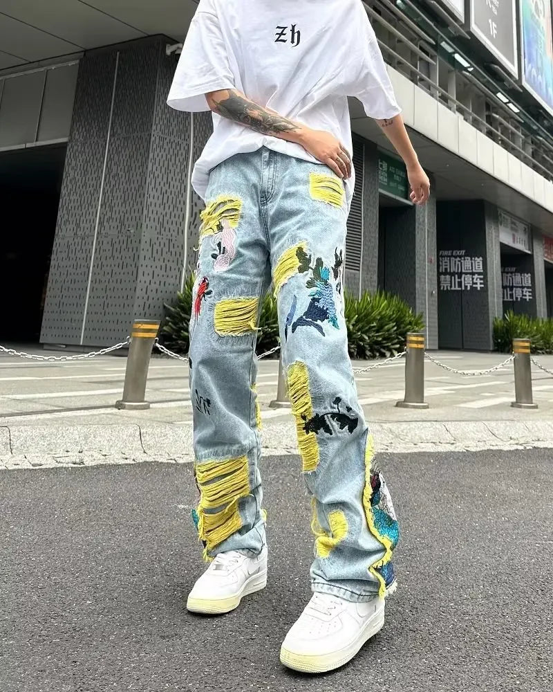 Streetwear Baggy Stacked Ripped Graphic Embroidered Hip Hop Jeans