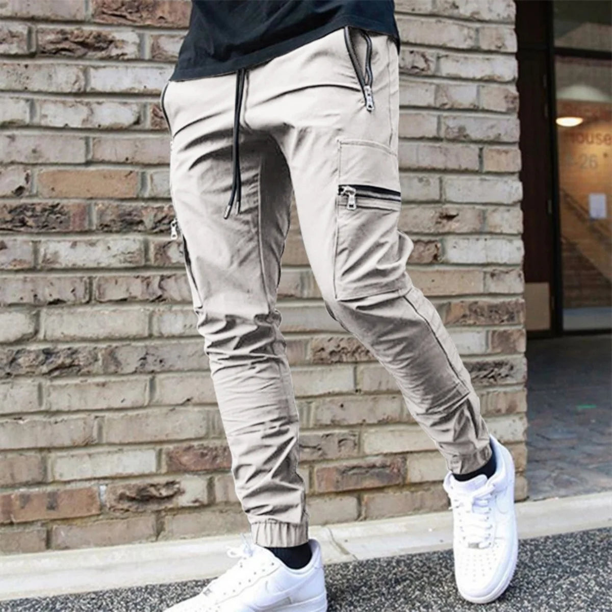 Men's Zipper Pocket Design Drawstring Solid Cargo Pants