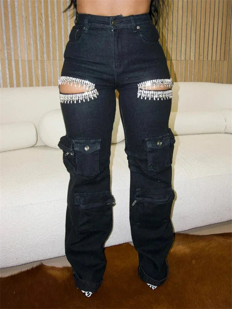 Denim Women's Rhinestone Cut-Out Design Cargo Multi-Pocketed Streetwear Jeans