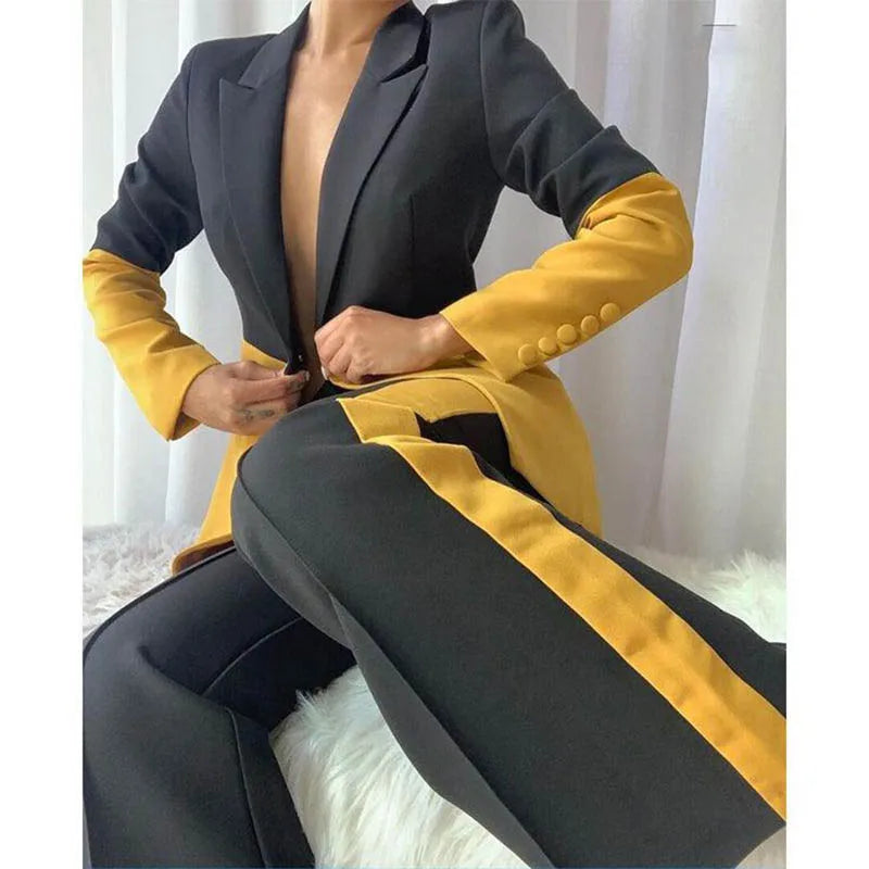 Colorblock Single Breasted Women's Blazer Jacket + Flared Leg Pants Suit