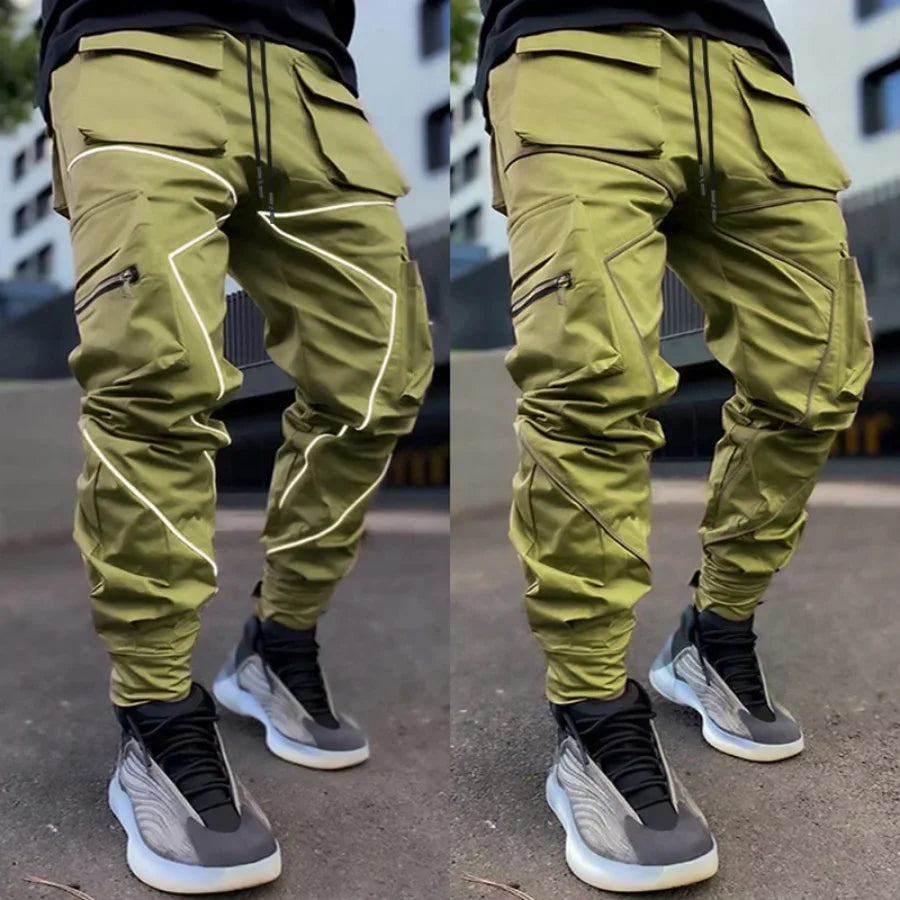 Men‘s Elastic Waist Solid/Colorblock Multi-Pocket Harem Cargo Pants