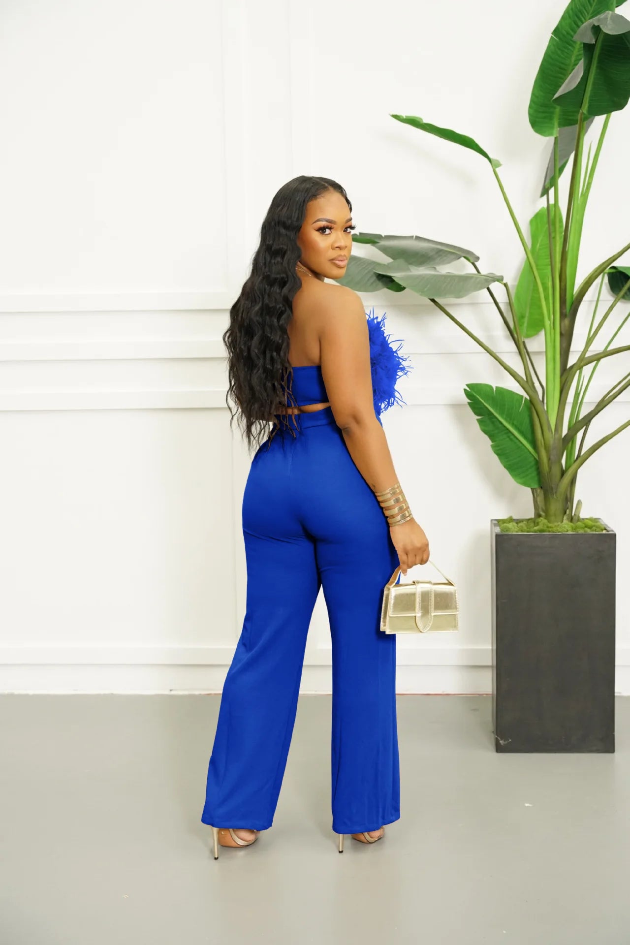 Feathered Sleeveless Bandeau Tube Top + Solid High-Waisted Straight Pants 2-Piece Set