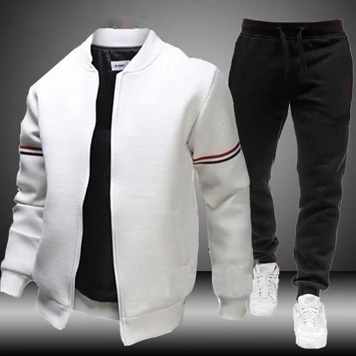 Men's Solid Color Side Striped Mandarin Collar Bomber Jacket + Sweatpants Tracksuit