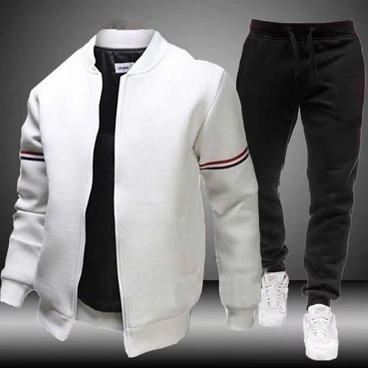 Men's Solid Color Side Striped Mandarin Collar Bomber Jacket + Sweatpants Tracksuit