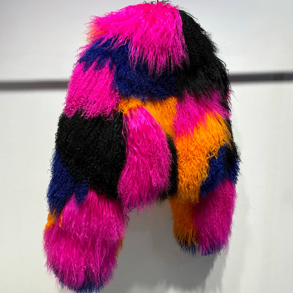 Shaggy Mongolia Sheep Fur Oversized Collar Women's Jacket to 8X Plus Size