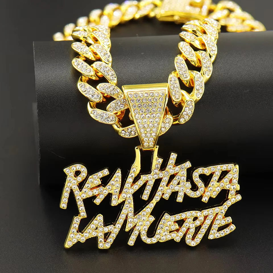 "Real Hasta la Muerte" OR $ Sign Rhinestone Pendant Hip-Hop Letter 13MM Cuban Chain Necklace