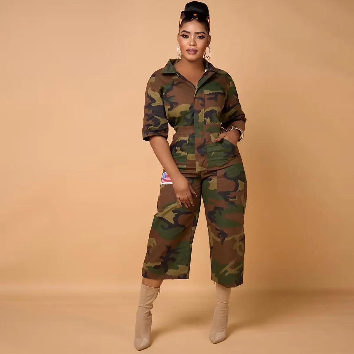 Camoflauge Print Ladies Streetwear Denim Jean Capri Length Wide Leg Cargo Pocketed Jumpsuit