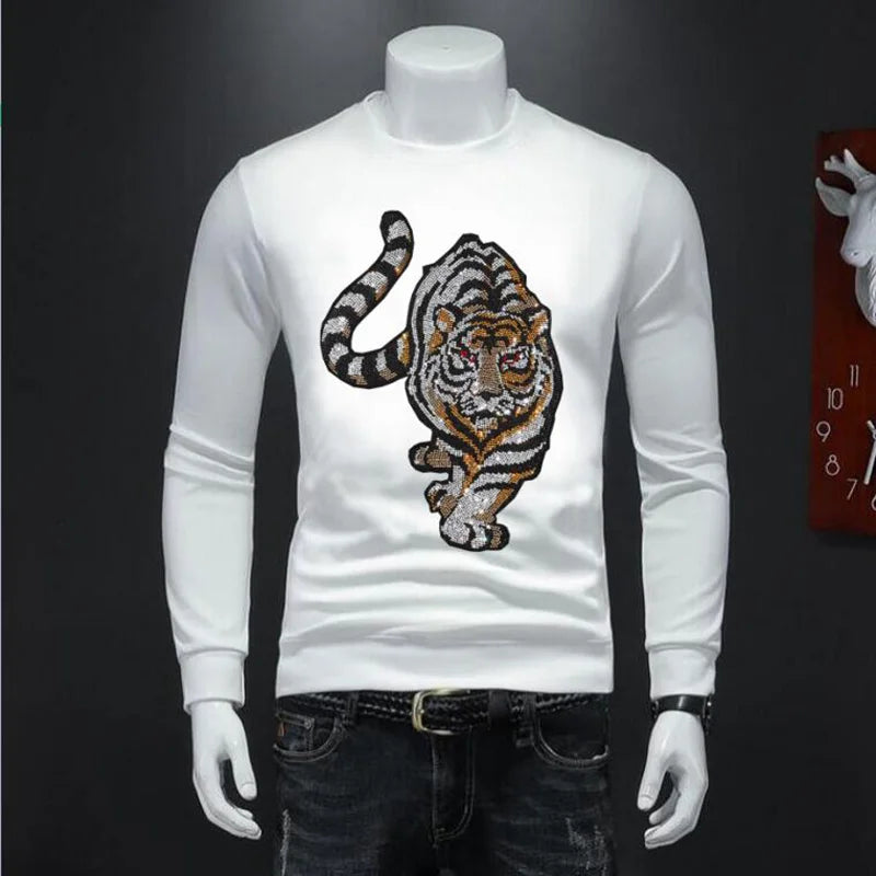 Men's Glitter Rhinestone Tiger/Crown O-Neck Long Sleeve Pullover Sweatshirt