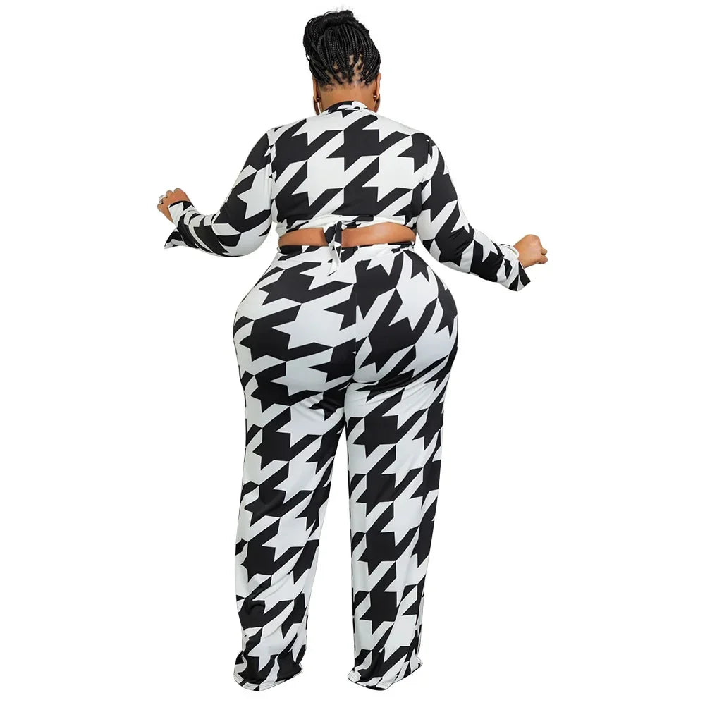 Houndstooth/Floral Tie-Dye Print Deep V-Neck Women's Long Sleeve Crop Top + Pants 2-Piece Set to 5X Plus Size