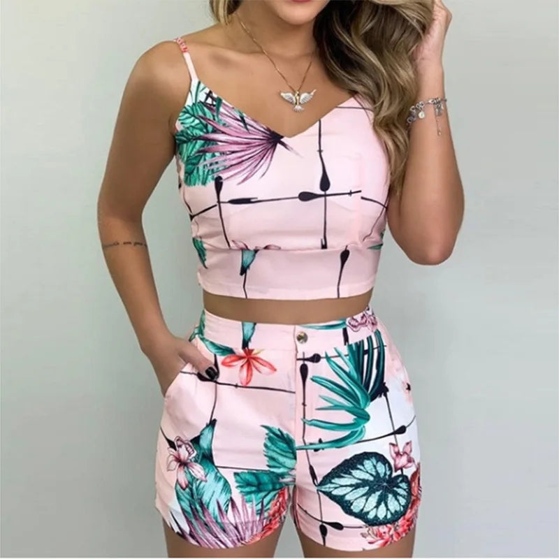 Tropical/Floral/Cherry/Striped Print Women's Crop Tank Top + Matching Shorts 2-Piece Set to 3X Plus Size