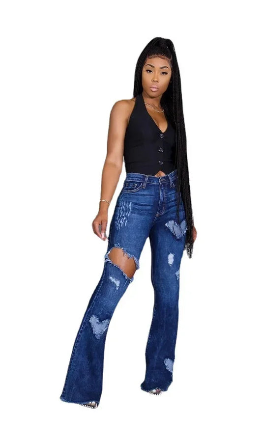 Denim Heart Print Ripped Hollow-Out Hole Design Streetwear Women's Wide Leg Bootcut Jeans