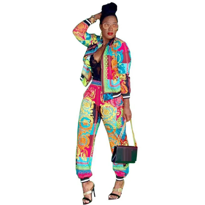 Paisley Italian Multi-Colored Print Ladies Zipper Bomber Jacket + Elastic Pants 2-Piece Set