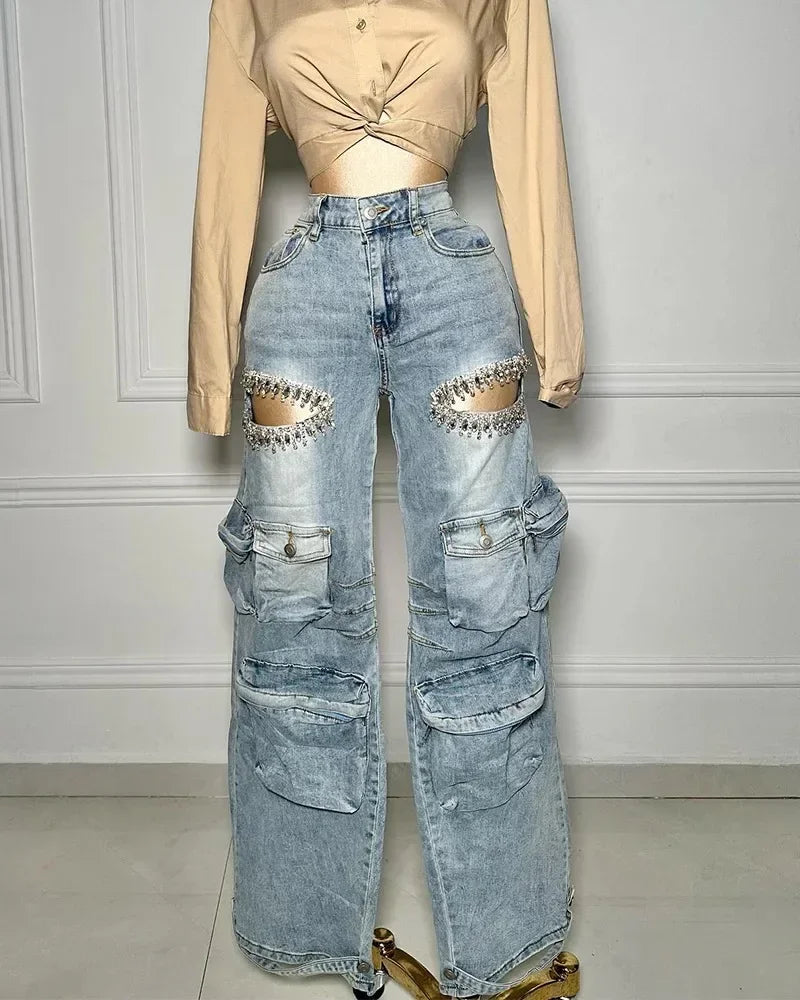 Denim Diamond Crystal Cut-Out Tassels Design Multi-Pocket Hollow-Out Straight High Waist Wide Leg Cargo Jeans