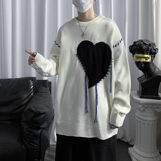 Heart Design Knitted Unisex Oversized Pullover Colorblock Sweater