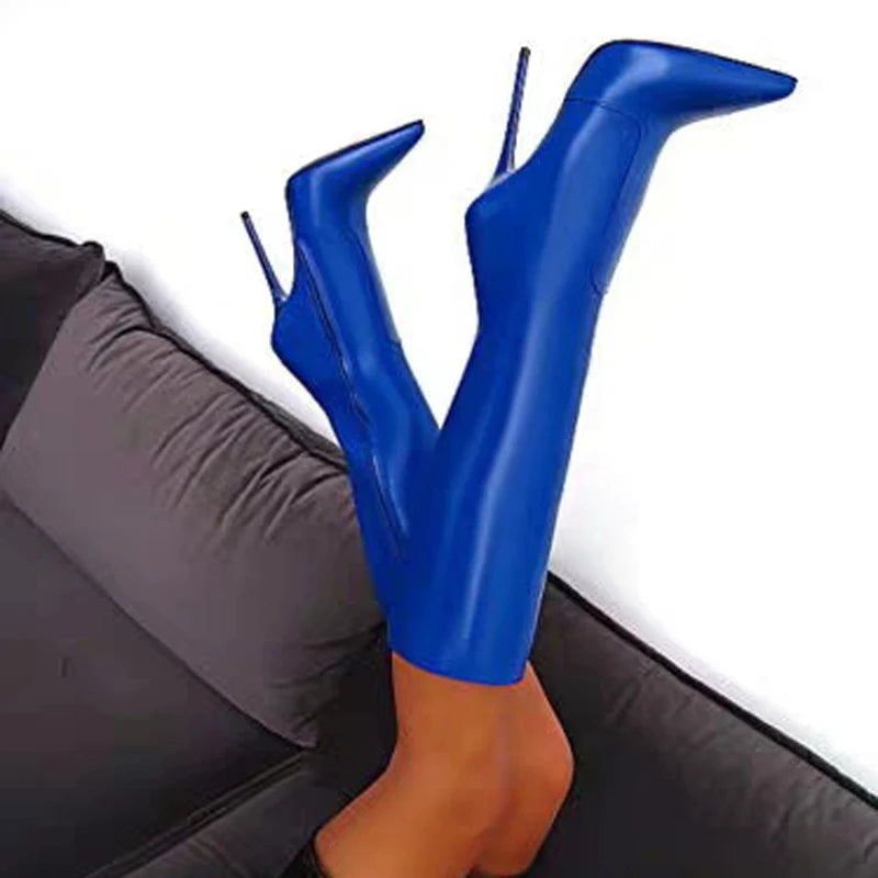 Patent Leather Solid Color Women's Skinny Pointed Toe Side Zipper Stiletto Heel Knee-High Boots