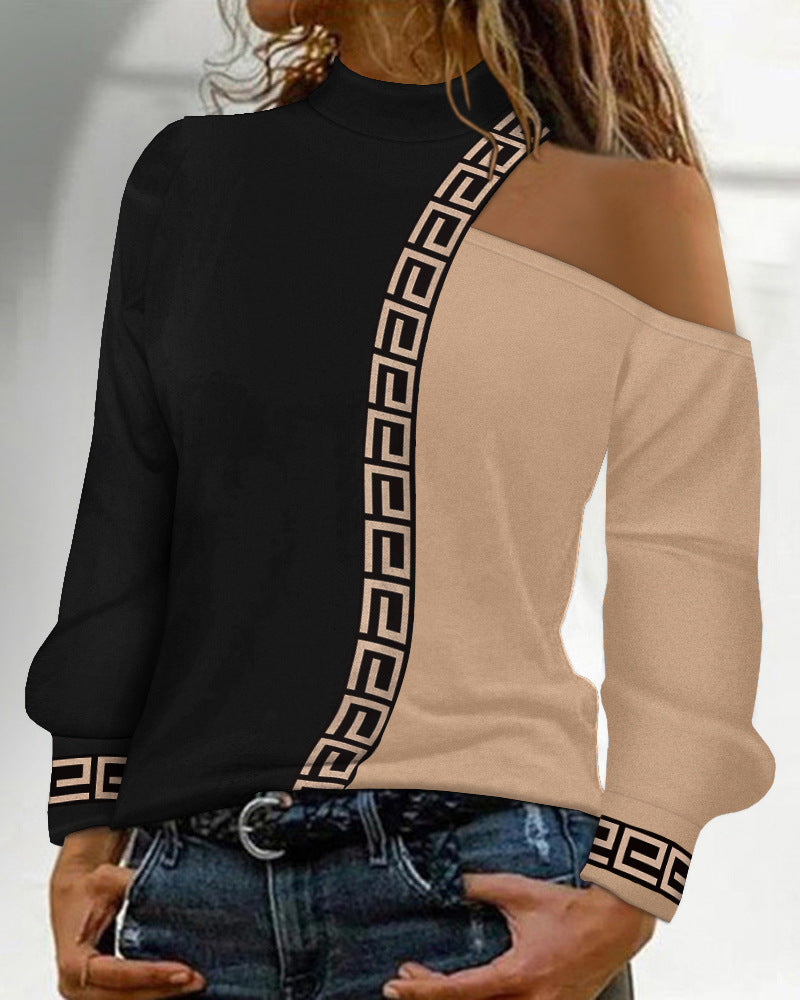 Colorblock Glitter/Geometric Long Sleeve Shoulder Top