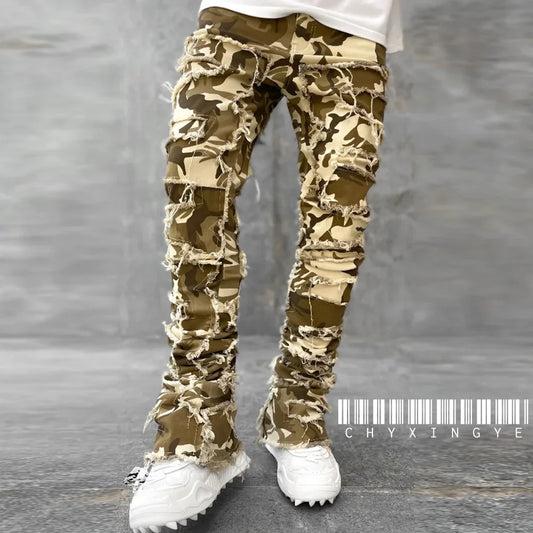 Men's Camouflage/Solid Denim Ripped Stacked Skinny Jeans